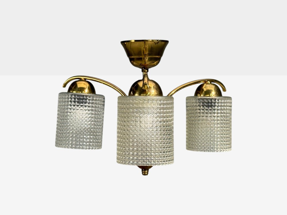 Swedish Modern, Small Pendant Light, Brass, Teak, Textured Glass, Sweden, 1950s