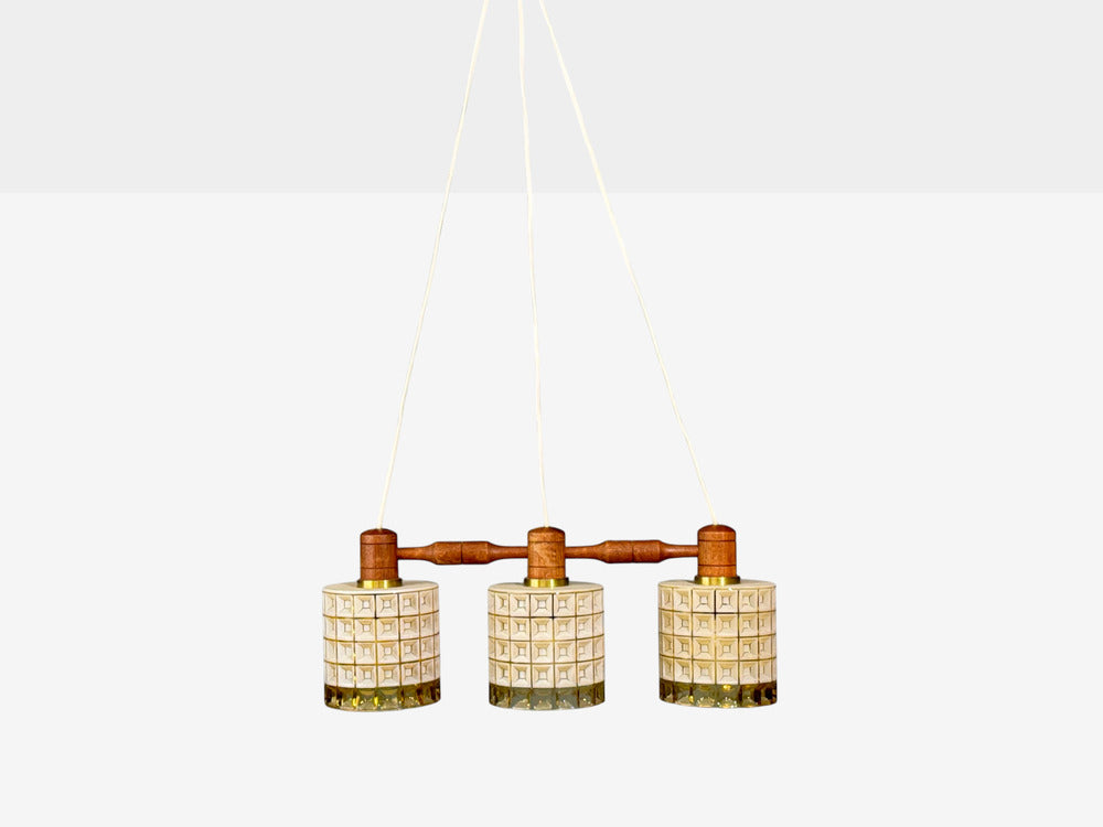 Swedish Modern, Three Light Pendant Light, Teak, Glass, Sweden, 1950s