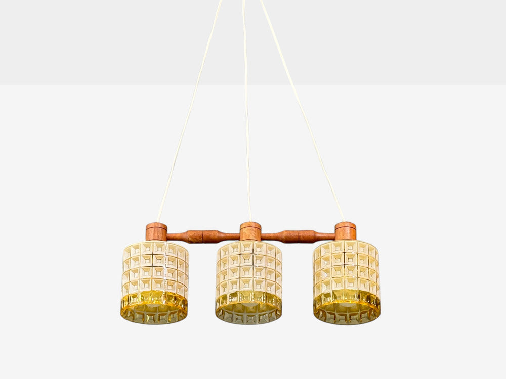 Swedish Modern, Three Light Pendant Light, Teak, Glass, Sweden, 1950s