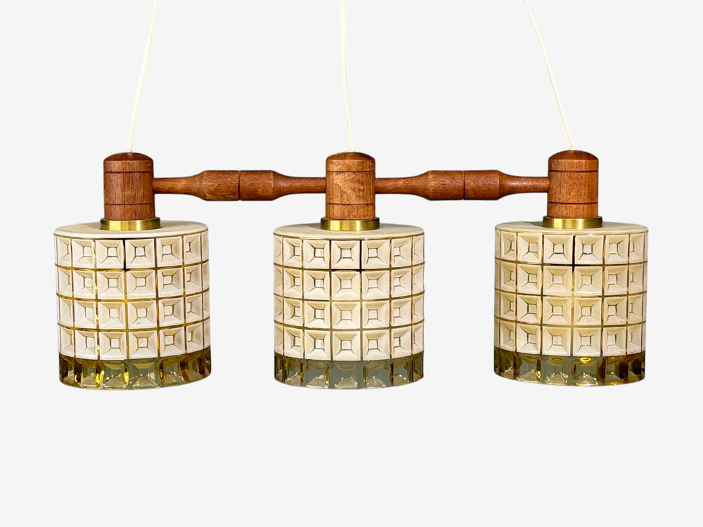 Swedish Modern, Three Light Pendant Light, Teak, Glass, Sweden, 1950s