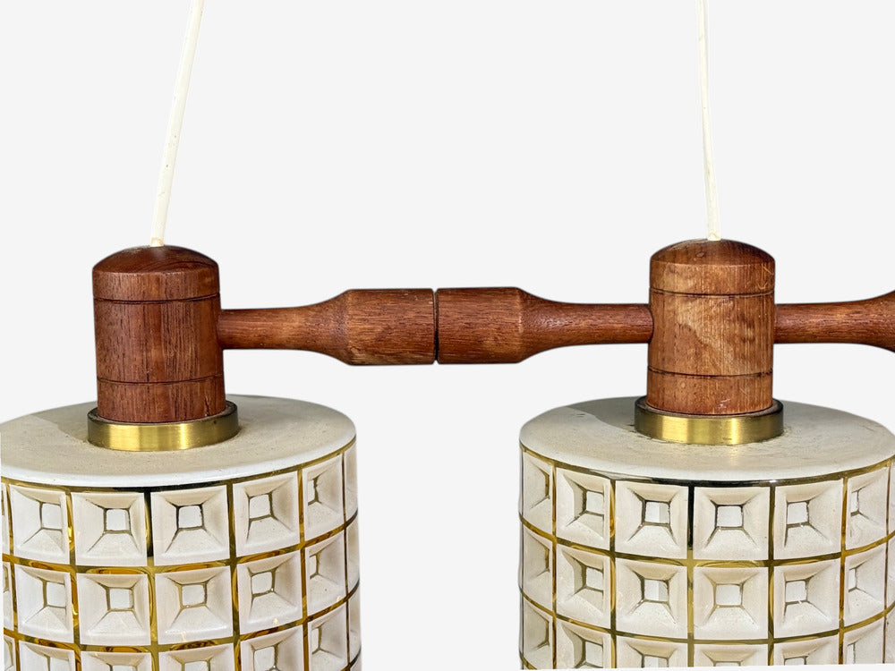 Swedish Modern, Three Light Pendant Light, Teak, Glass, Sweden, 1950s