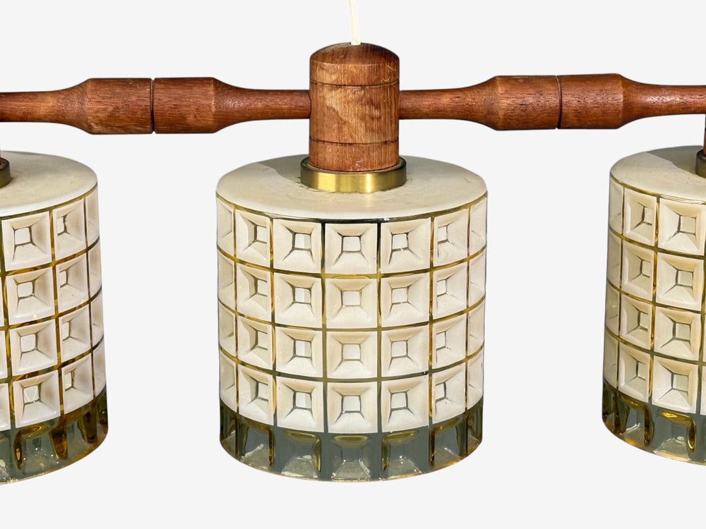 Swedish Modern, Three Light Pendant Light, Teak, Glass, Sweden, 1950s