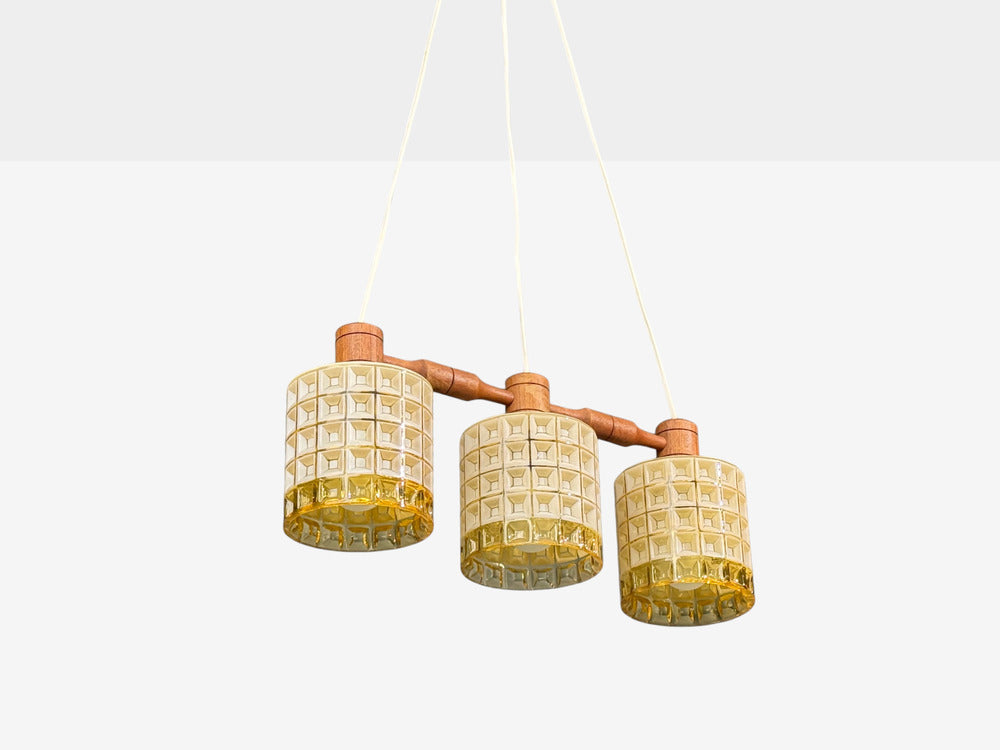 Swedish Modern, Three Light Pendant Light, Teak, Glass, Sweden, 1950s