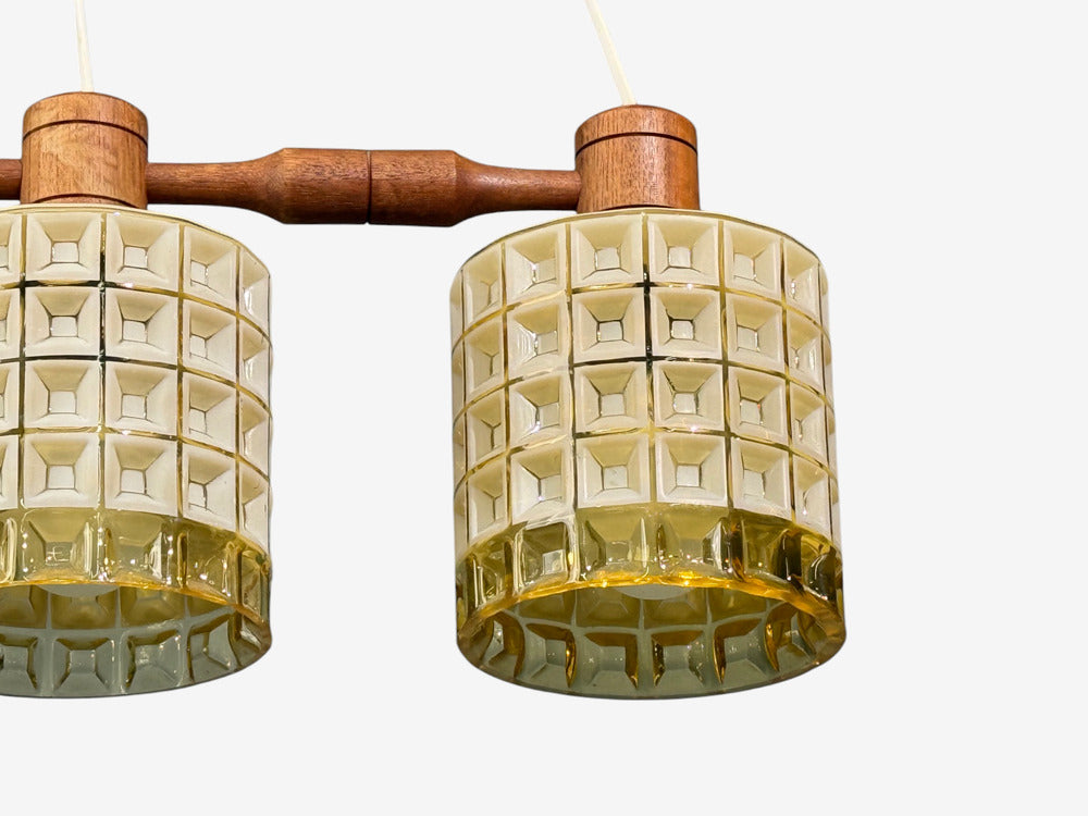 Swedish Modern, Three Light Pendant Light, Teak, Glass, Sweden, 1950s