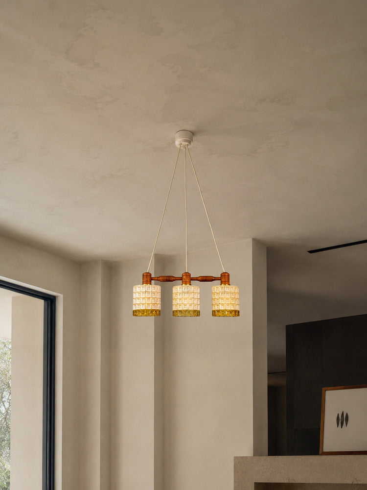 Swedish Modern, Three Light Pendant Light, Teak, Glass, Sweden, 1950s