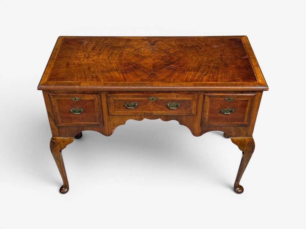 Queen Anne, Lowboy Writing Desk, Crotch Mahogany Veneer, Walnut, England, 19th c.
