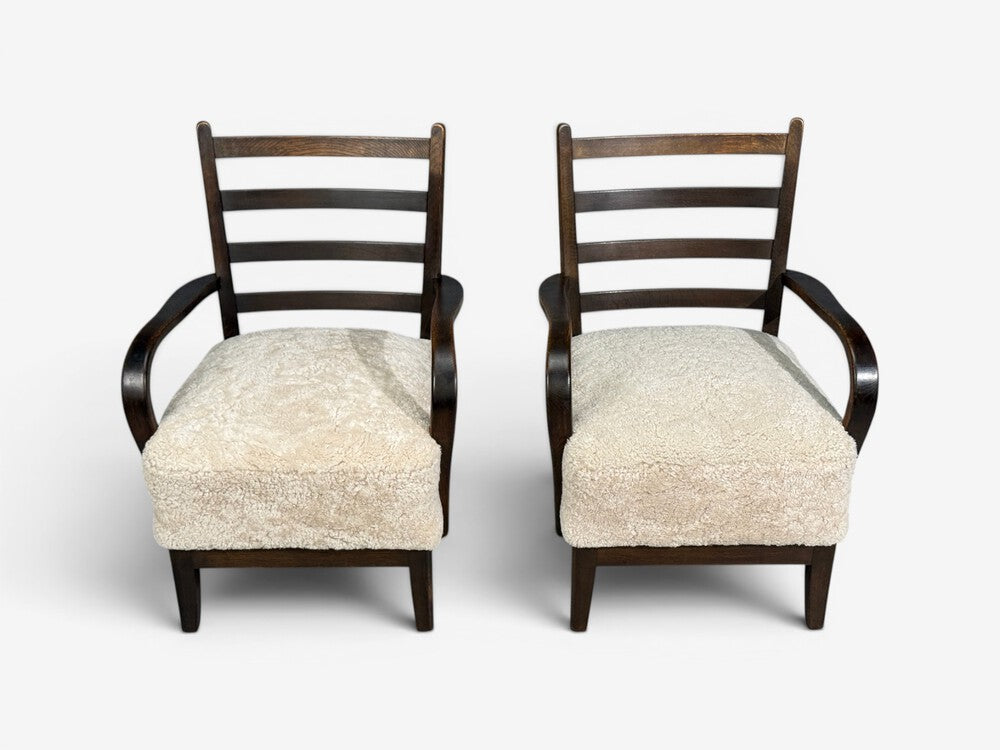 German Modern, Lounge Chairs, Oak, Beige Shearling, Germany, 1940s