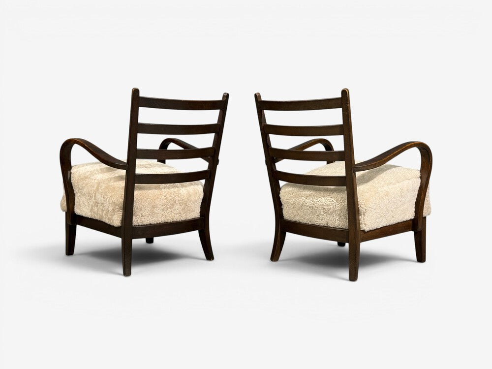 German Modern, Lounge Chairs, Oak, Beige Shearling, Germany, 1940s