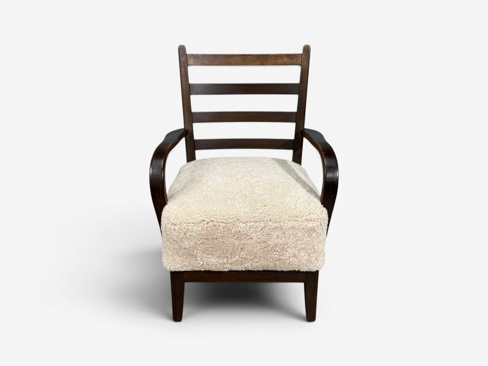 German Modern, Lounge Chairs, Oak, Beige Shearling, Germany, 1940s