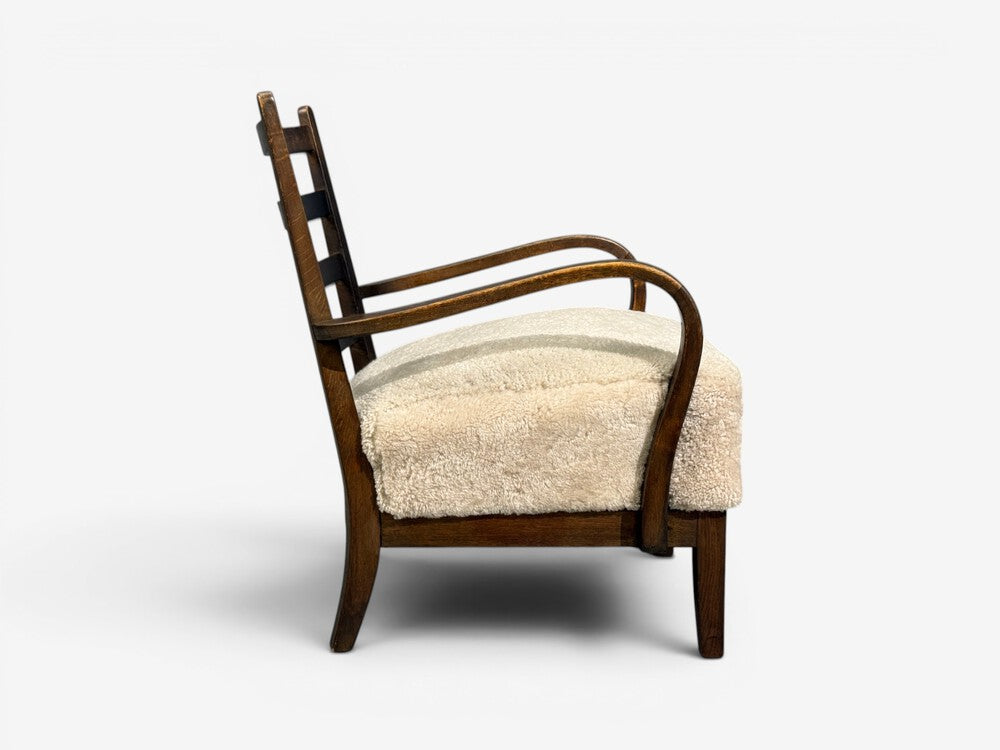 German Modern, Lounge Chairs, Oak, Beige Shearling, Germany, 1940s