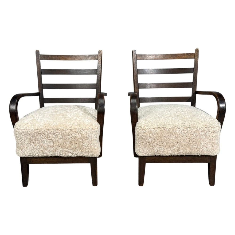 German Modern, Lounge Chairs, Oak, Beige Shearling, Germany, 1940s
