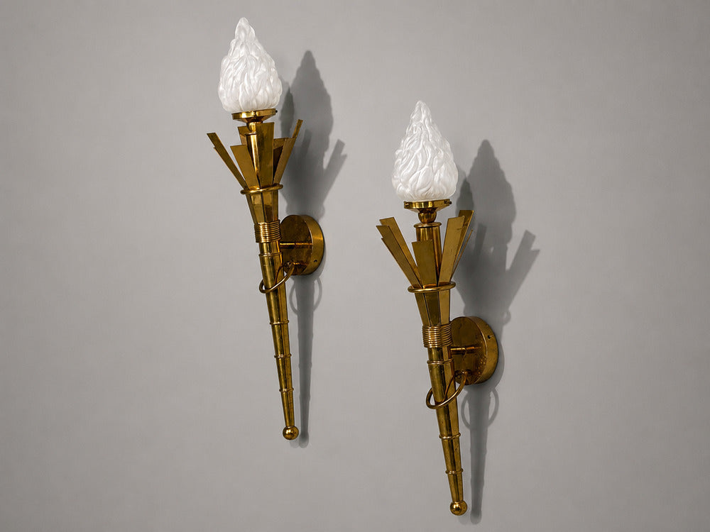 Neoclassical, Monumental Torchiere Wall Sconces, Brass, Glass, 20th c.