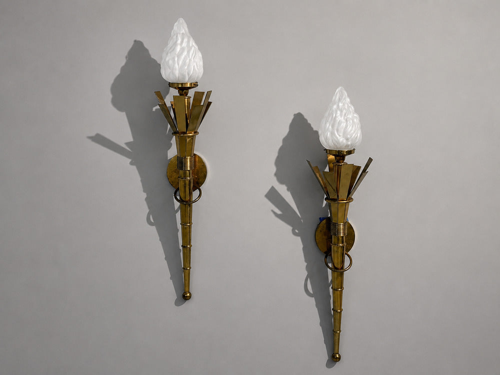 Neoclassical, Monumental Torchiere Wall Sconces, Brass, Glass, 20th c.