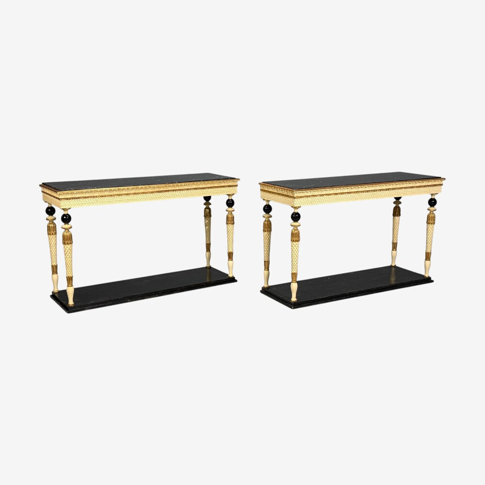 Maison Jansen attr, Neoclassical Style Console Tables, Carved Wood, Black Marble