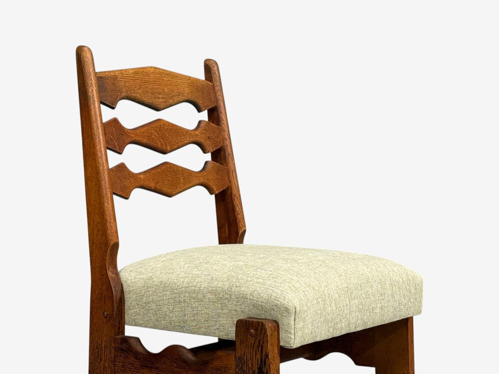 Guillerme & Chambron, Dining Chair, Oak, Green Fabric, France, 1950s