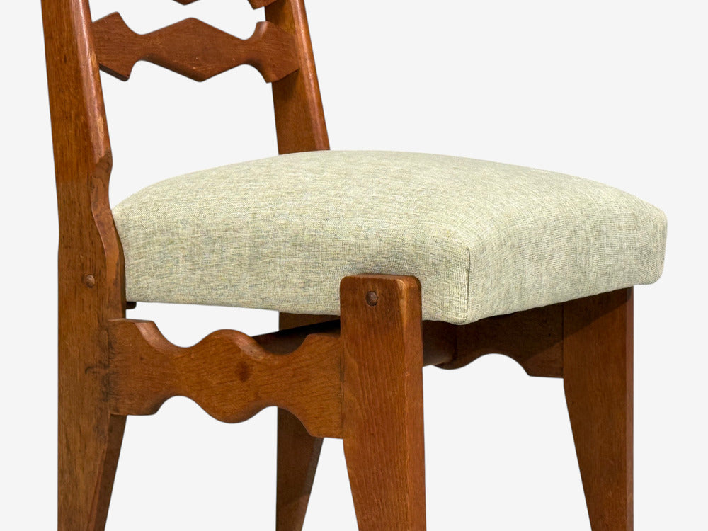 Guillerme & Chambron, Dining Chairs, Oak, Green Fabric, France, 1950s