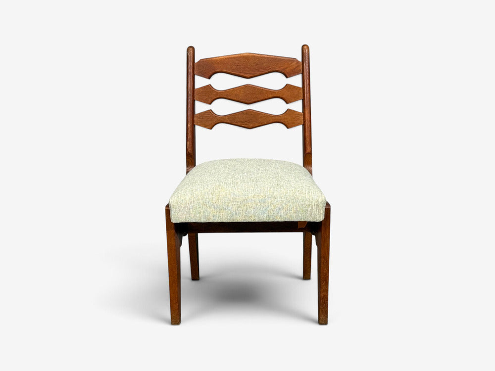 Guillerme & Chambron, Dining Chairs, Oak, Green Fabric, France, 1950s