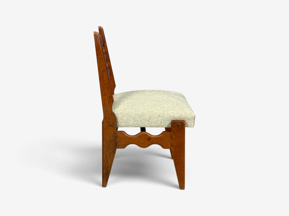 Guillerme & Chambron, Dining Chairs, Oak, Green Fabric, France, 1950s