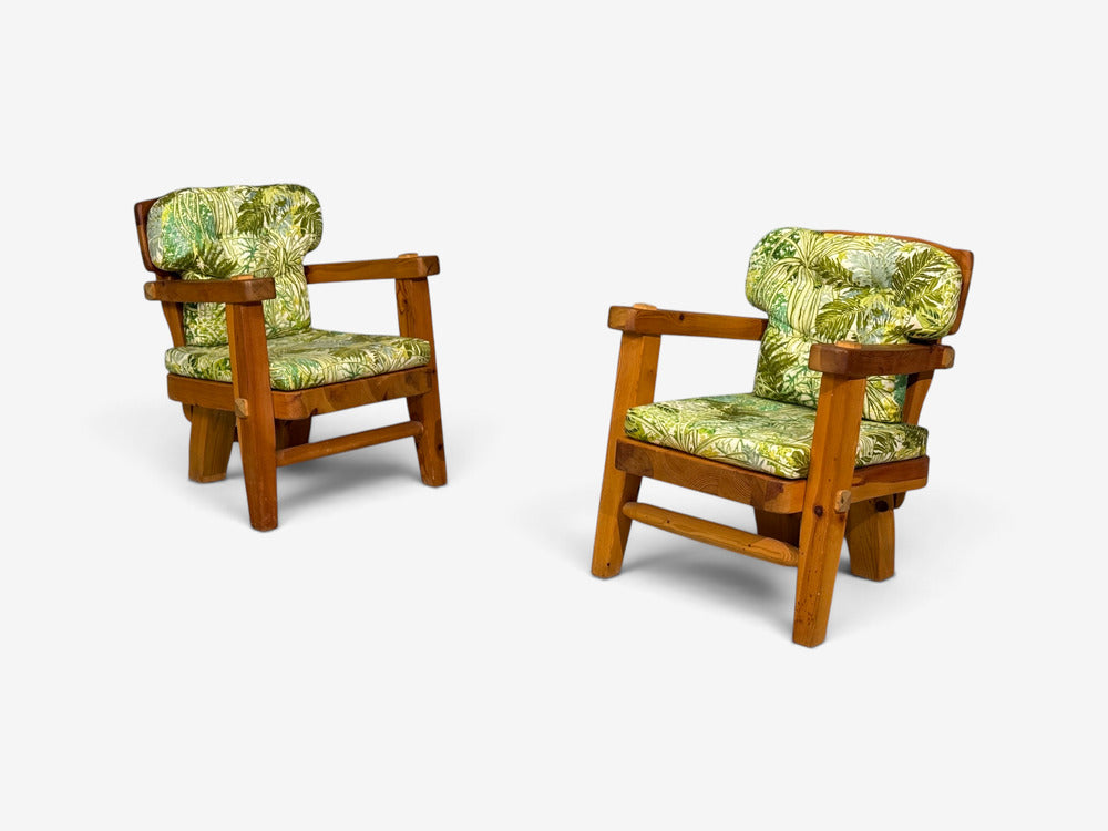 Stig Sandqvist, Brutalist Lounge Chairs, Pine, Green Fabric, Sweden, 1960