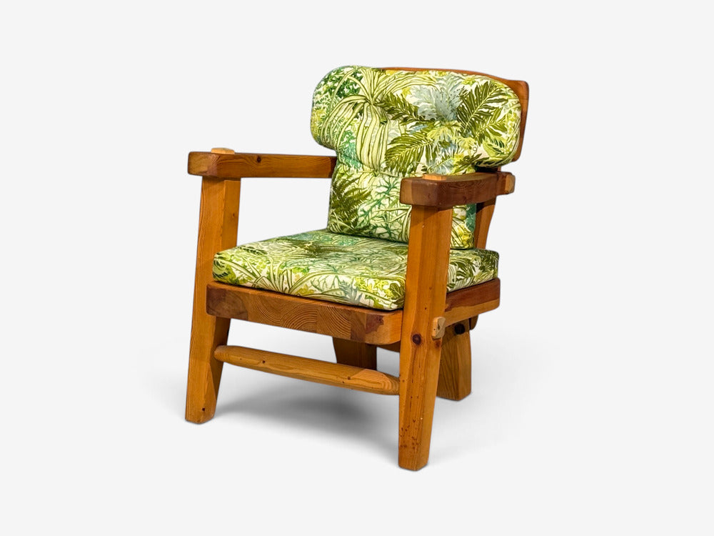 Stig Sandqvist, Brutalist Lounge Chairs, Pine, Green Fabric, Sweden, 1960