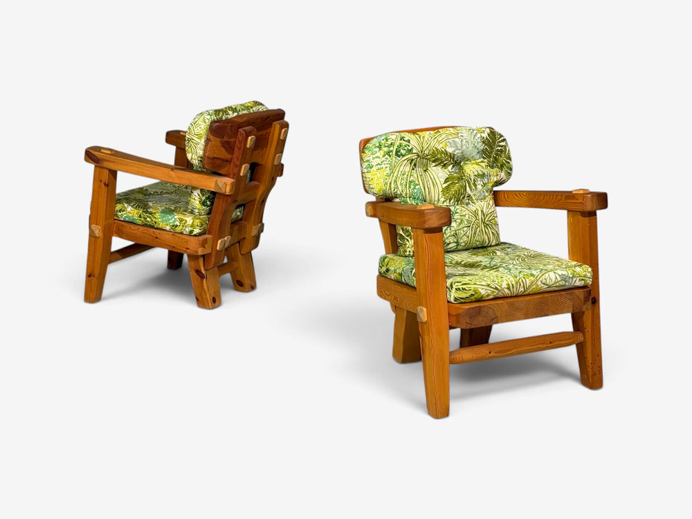 Stig Sandqvist, Brutalist Lounge Chairs, Pine, Green Fabric, Sweden, 1960