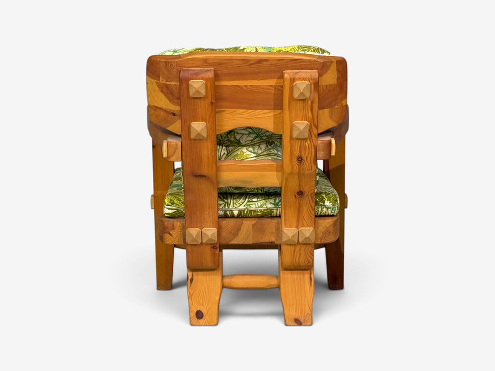 Stig Sandqvist, Brutalist Lounge Chairs, Pine, Green Fabric, Sweden, 1960