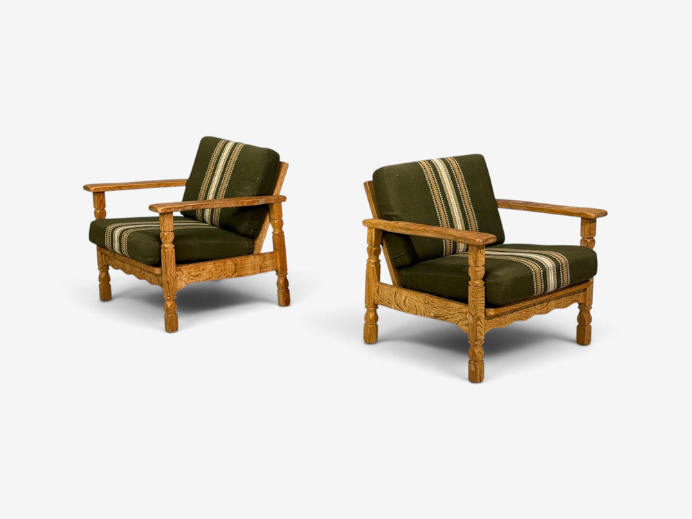 Henning Kjaernulf Style, Lounge Chairs, Oak, Fabric, Denmark, 1970s