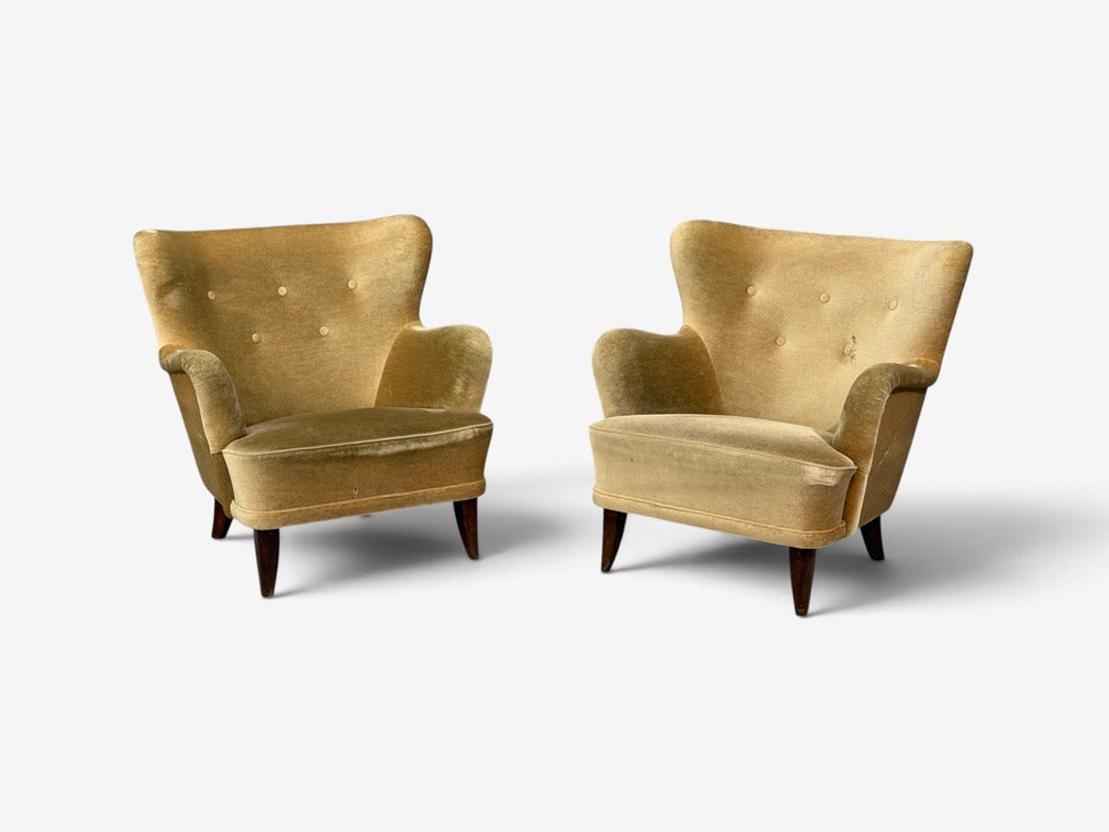 Ilmari Lappalainen, Lounge Chairs, Beech, Velvet, Finland, 1950s