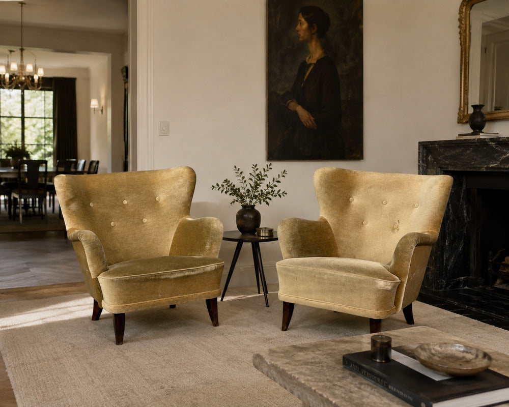 Ilmari Lappalainen, Lounge Chairs, Beech, Velvet, Finland, 1950s