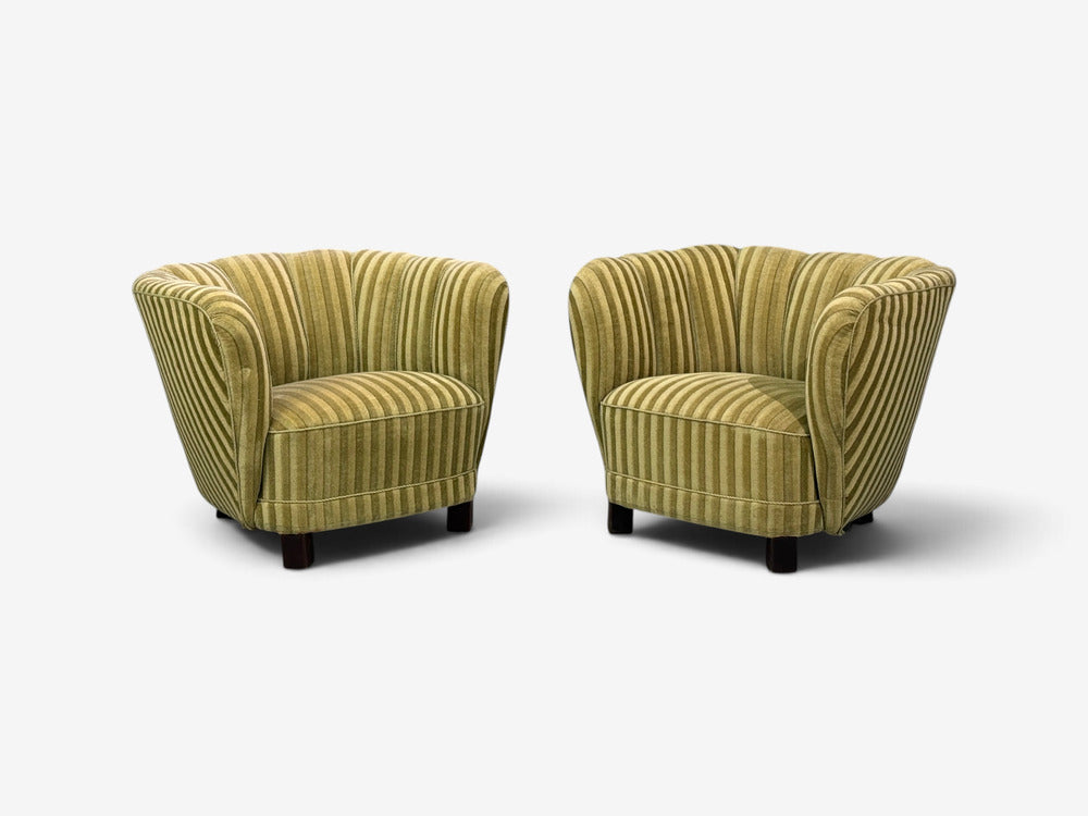 Danish Cabinetmaker, Banana Lounge Chairs, Beech, Velour, Denmark, 1940s