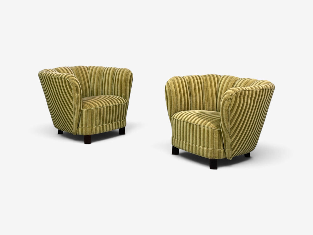 Danish Cabinetmaker, Banana Lounge Chairs, Beech, Velour, Denmark, 1940s
