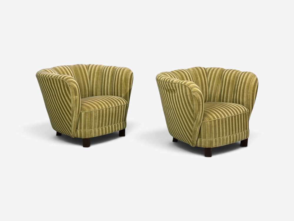 Danish Cabinetmaker, Banana Lounge Chairs, Beech, Velour, Denmark, 1940s