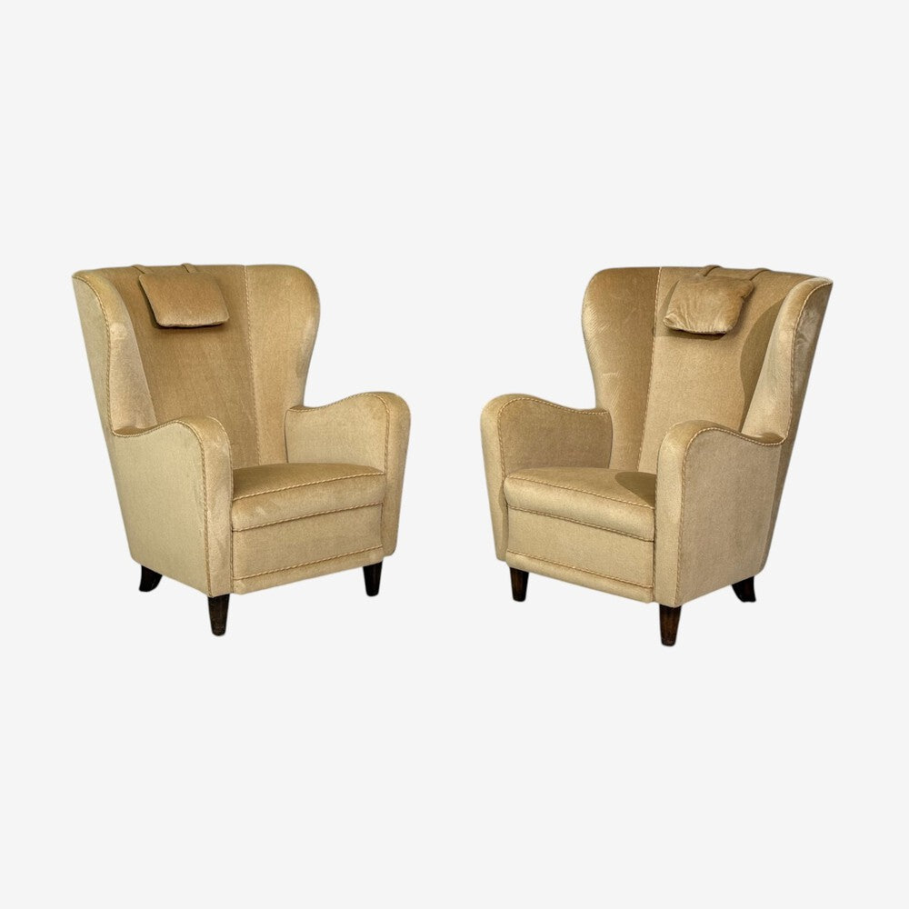 Finnish Modern, Wingback Chairs, Beige Velvet, Wood, Finland, 1950s