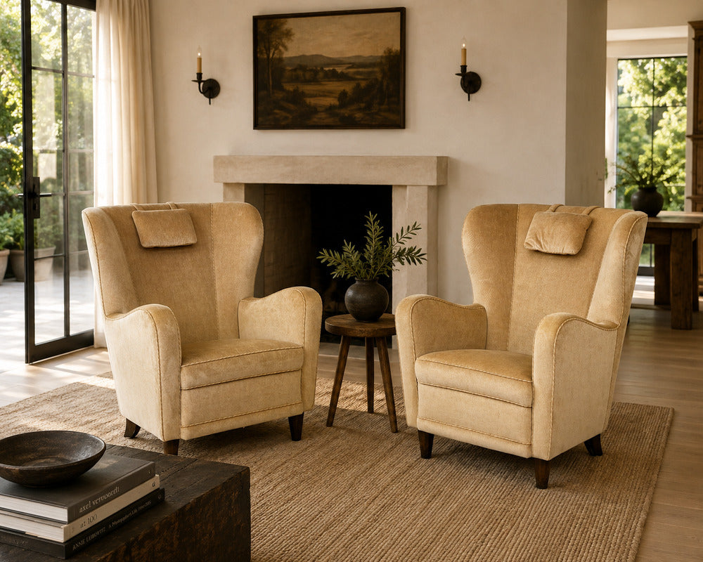 Finnish Modern, Wingback Chairs, Beige Velvet, Wood, Finland, 1950s