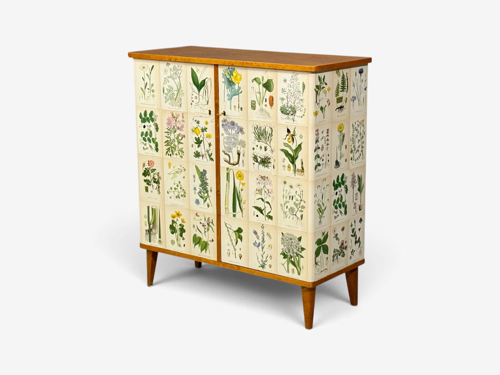 Swedish Modern, Nordens Flora Cabinet, Birch, Floral Lithographs, Sweden, 1940s