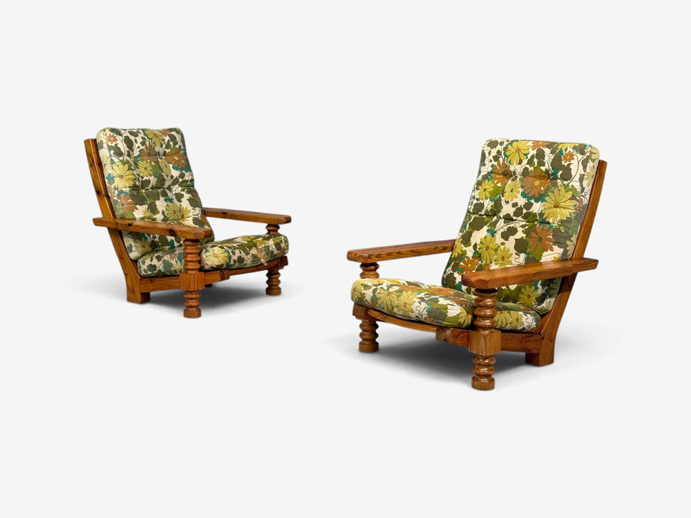 Collden, Brutalist Lounge Chairs, Pine, Fabric, Sweden, 1970s