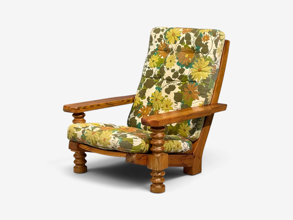 Collden, Brutalist Lounge Chairs, Pine, Fabric, Sweden, 1970s