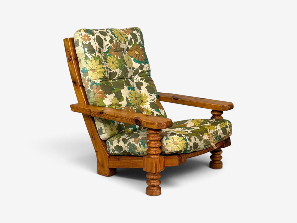 Collden, Brutalist Lounge Chairs, Pine, Fabric, Sweden, 1970s
