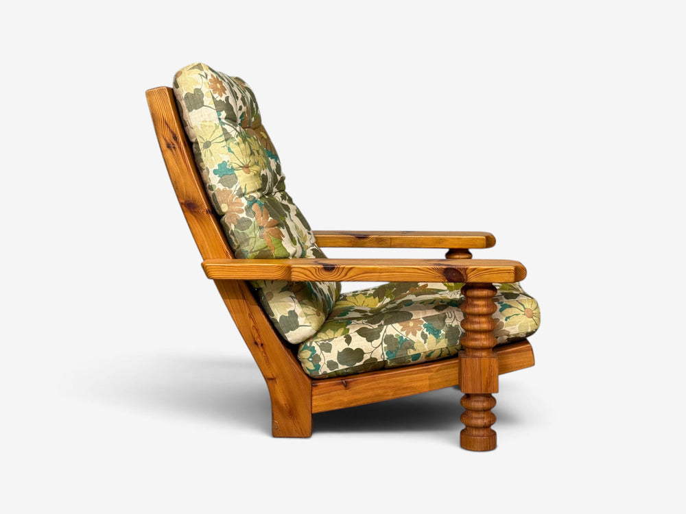 Collden, Brutalist Lounge Chairs, Pine, Fabric, Sweden, 1970s