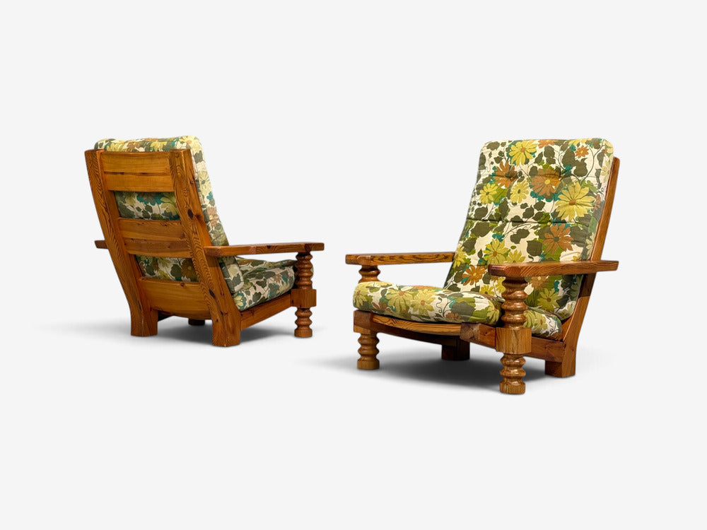 Collden, Brutalist Lounge Chairs, Pine, Fabric, Sweden, 1970s
