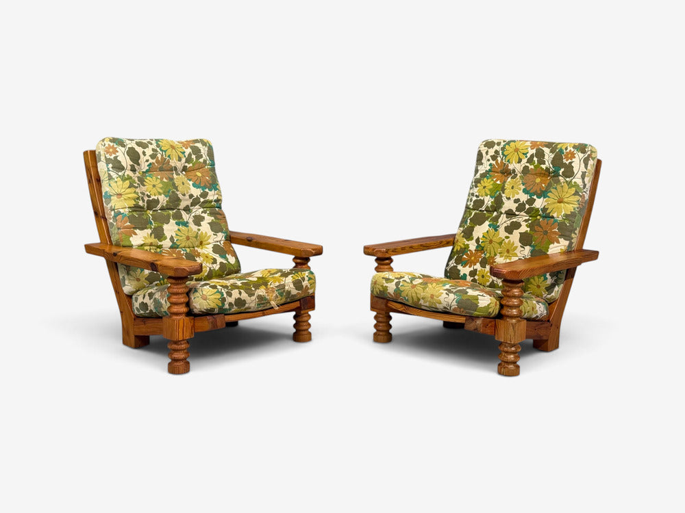 Collden, Brutalist Lounge Chairs, Pine, Fabric, Sweden, 1970s