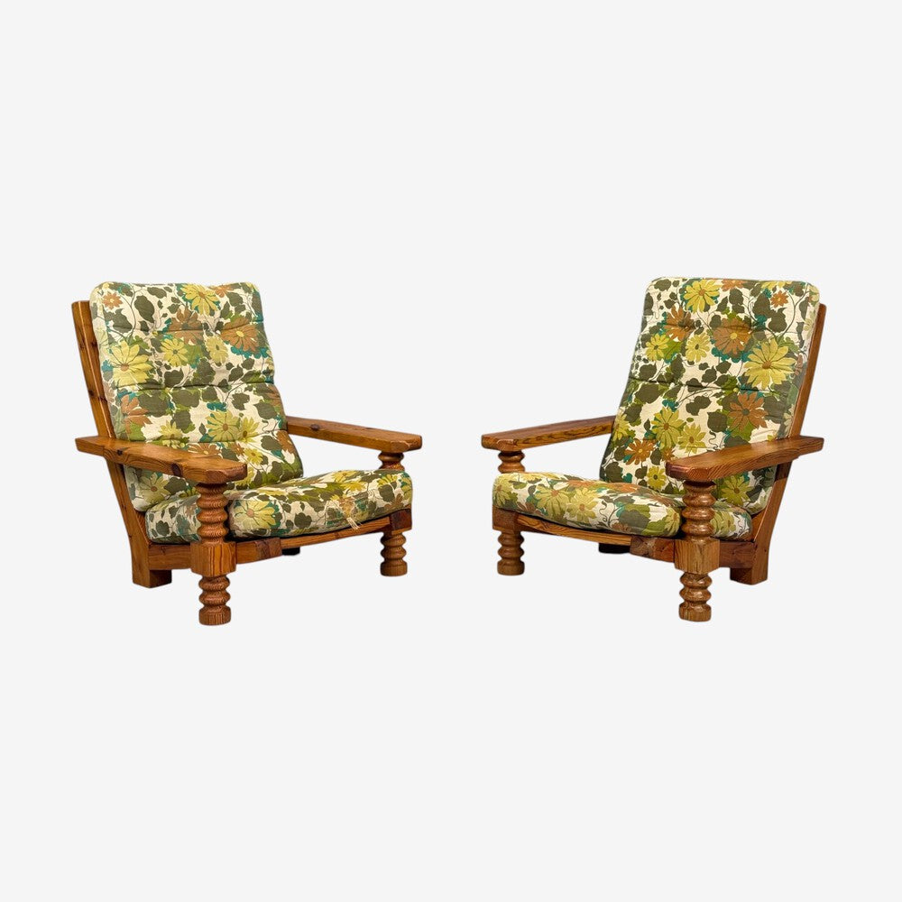 Collden, Brutalist Lounge Chairs, Pine, Fabric, Sweden, 1970s