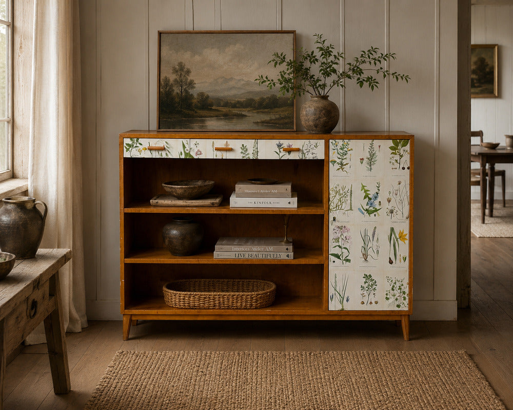 Swedish Modern, Nordens Flora Bookcase, Birch, Floral Lithographs, Sweden, 1940s