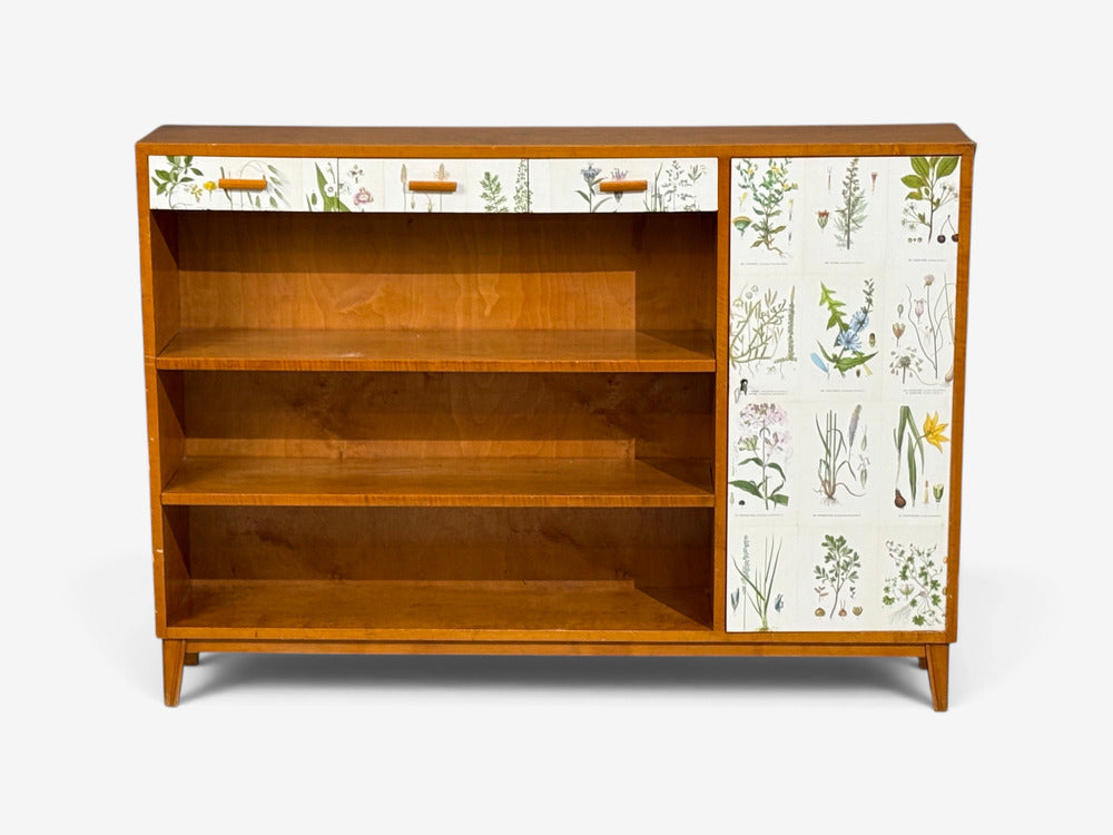 Swedish Modern, Nordens Flora Bookcase, Birch, Floral Lithographs, Sweden, 1940s