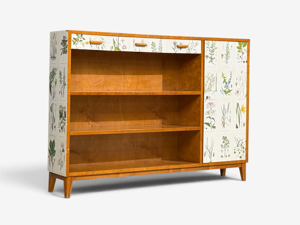 Swedish Modern, Nordens Flora Bookcase, Birch, Floral Lithographs, Sweden, 1940s