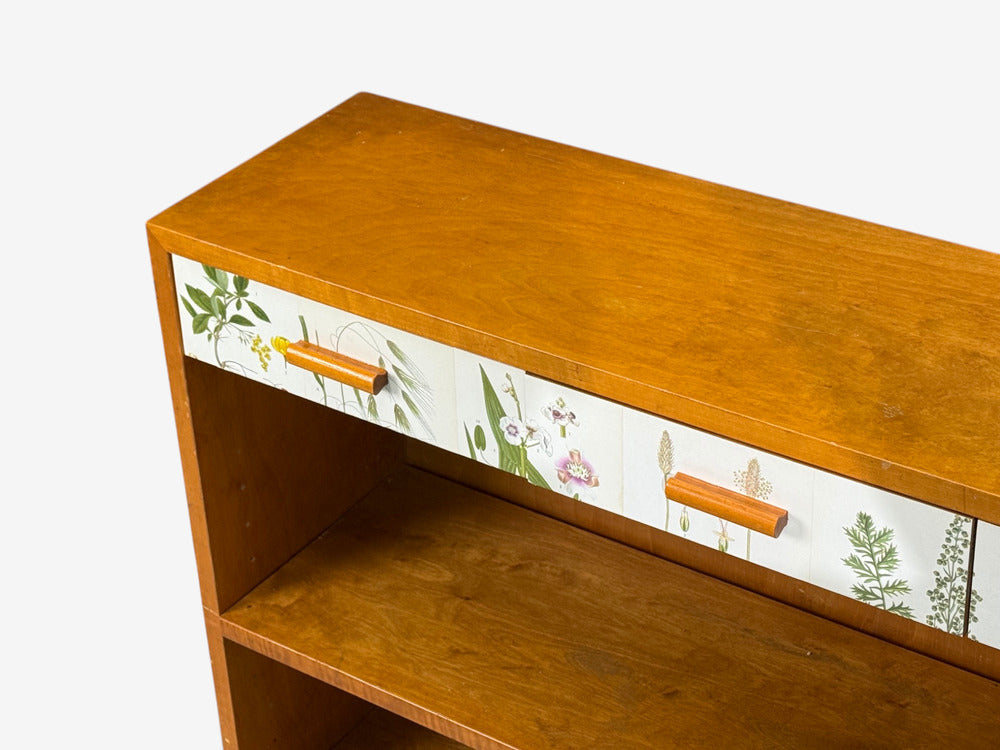 Swedish Modern, Nordens Flora Bookcase, Birch, Floral Lithographs, Sweden, 1940s