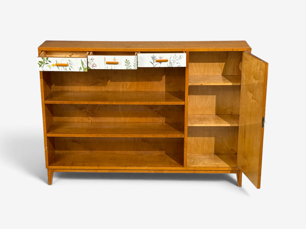 Swedish Modern, Nordens Flora Bookcase, Birch, Floral Lithographs, Sweden, 1940s