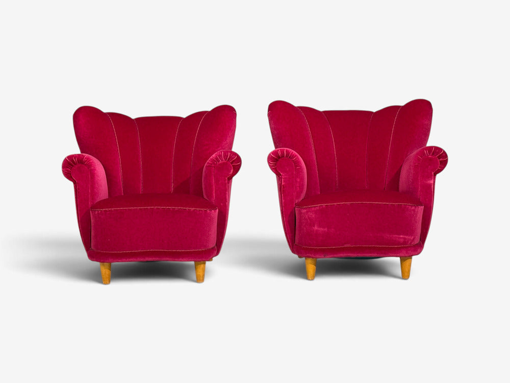 Swedish Cabinetmaker, Lounge Chairs, Red Velvet, Lacquered Wood, Sweden, 1940s