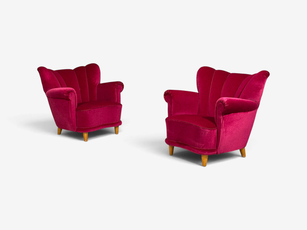 Swedish Cabinetmaker, Lounge Chairs, Red Velvet, Lacquered Wood, Sweden, 1940s
