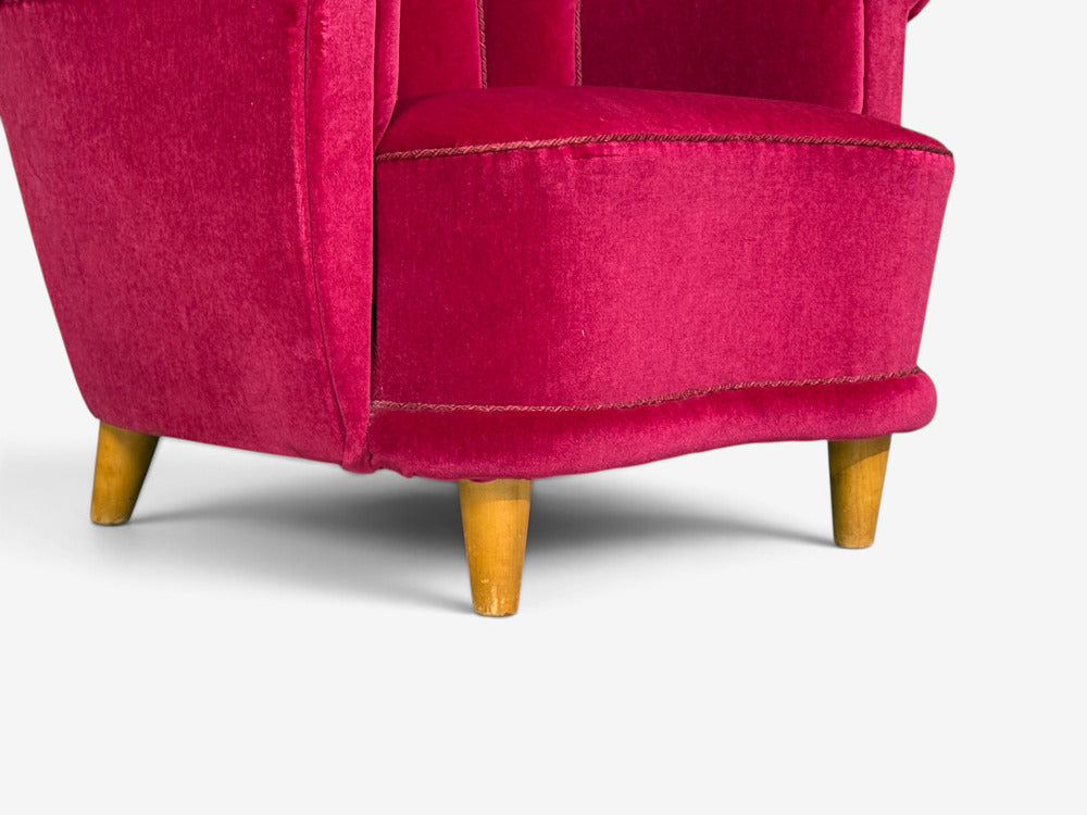 Swedish Cabinetmaker, Lounge Chairs, Red Velvet, Lacquered Wood, Sweden, 1940s